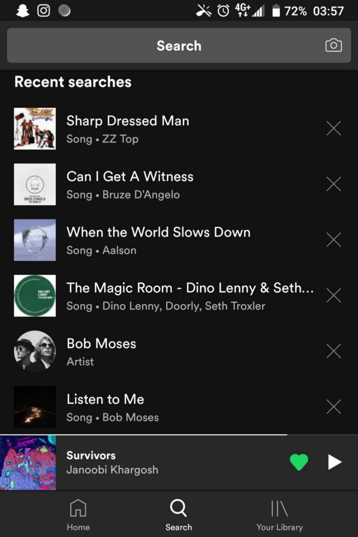 My Spotify search history — Sharp Dressed Man being the last song I searched for.