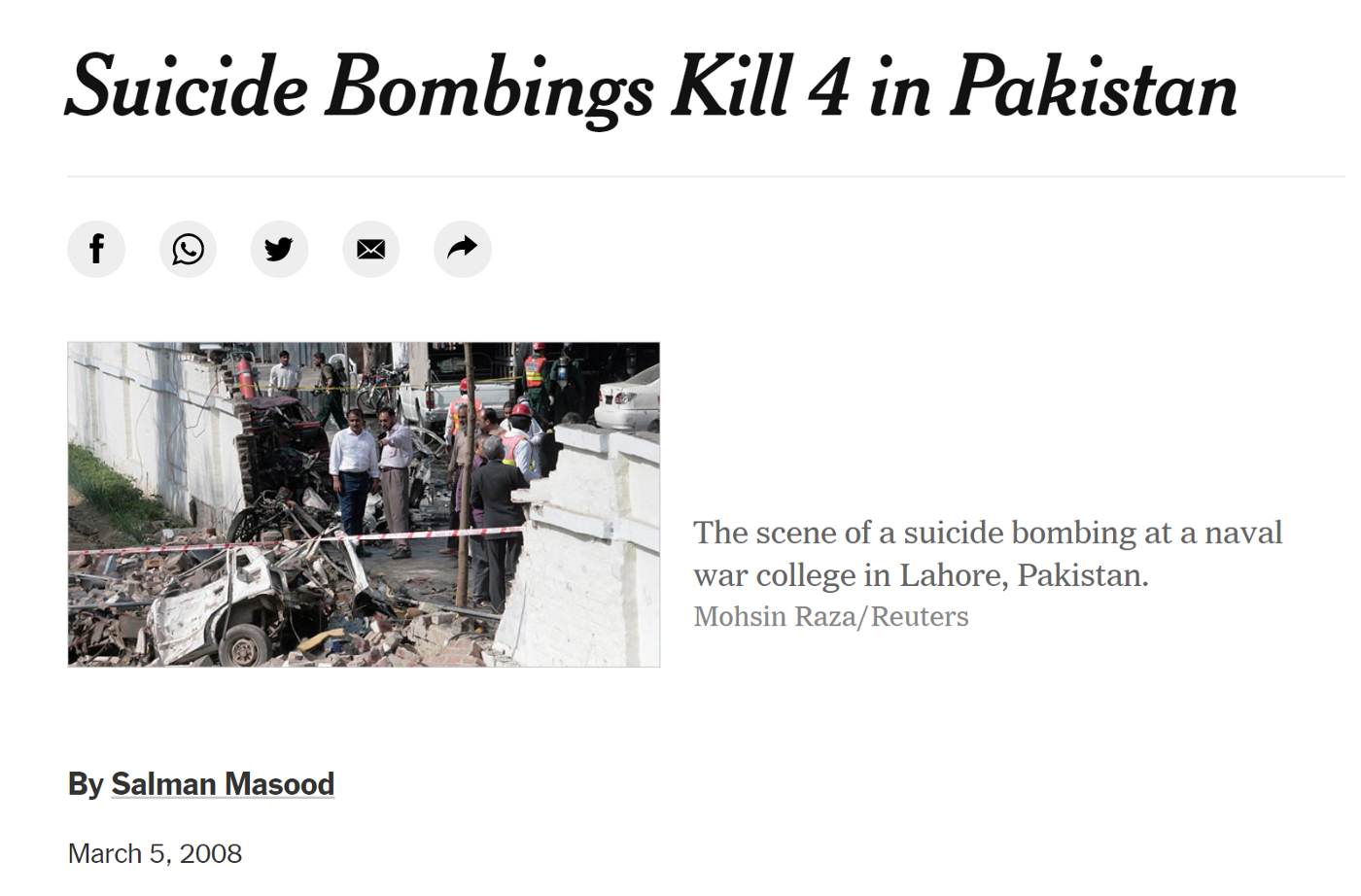 Screenshot of new article titled: Suicide Bombings Kill 4 in Pakistan