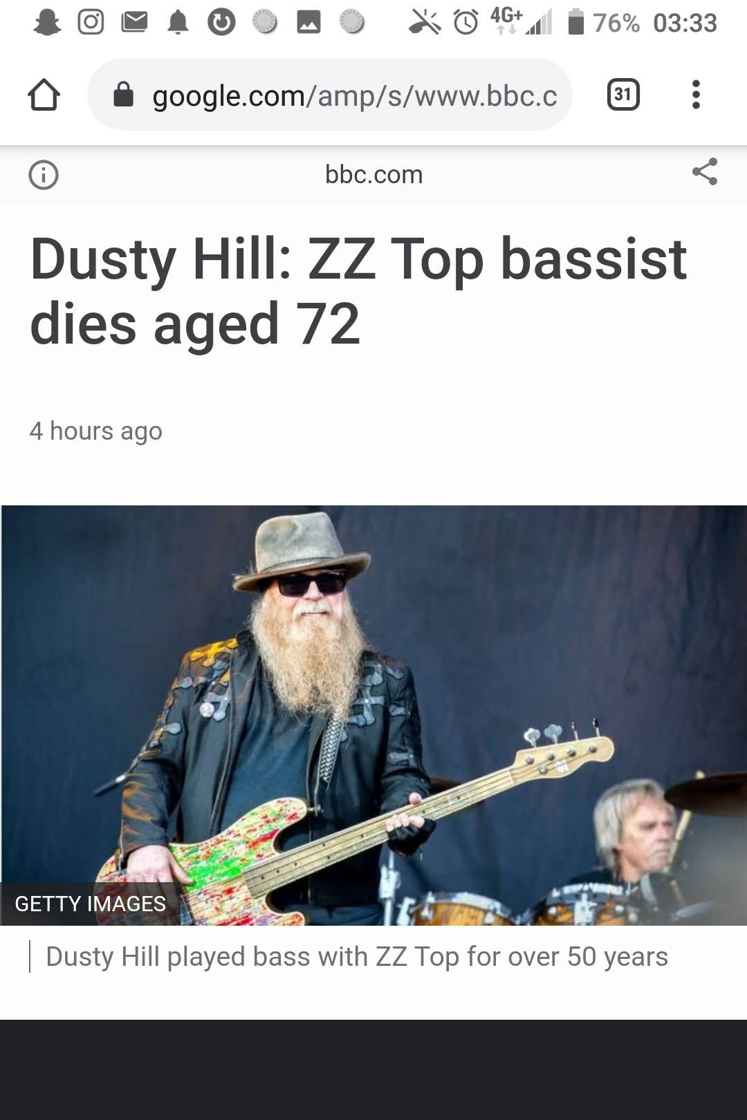 Screenshot of a BBC article that I came across. The article is titled: Dusty Hill: ZZ Top bassist dies aged 72. Between the time I played the song and saw the Reddit post, its’ singer died